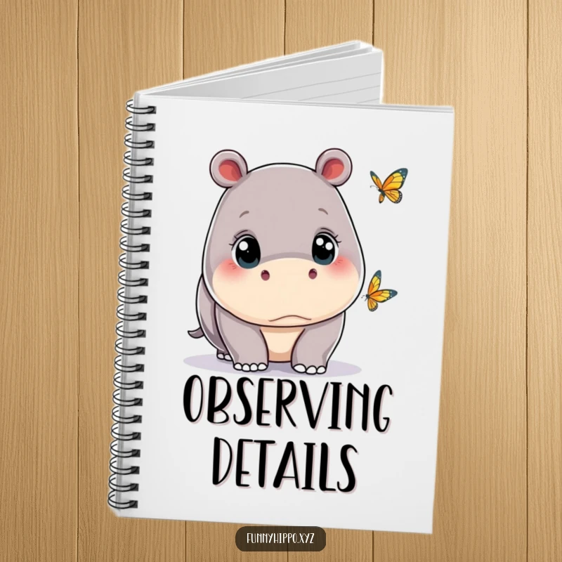 Funny kawaii hippo with wide eyes, observing a tiny butterfly, featured on a cute notebook cover for everyday use.