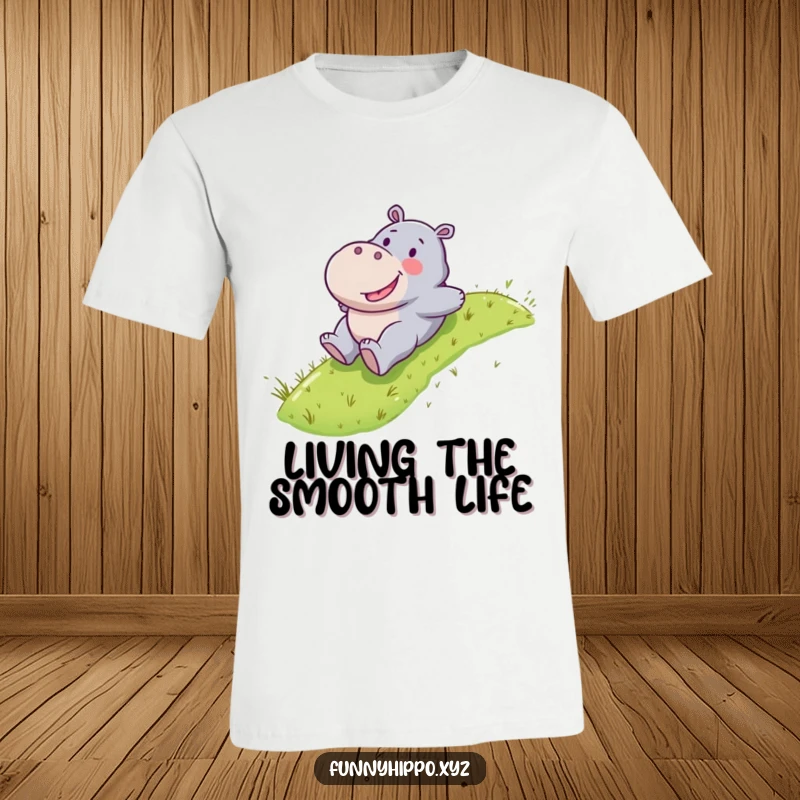 Funny Kawaii hippo character in mid-slide down a lush grassy slope, capturing motion and happiness.