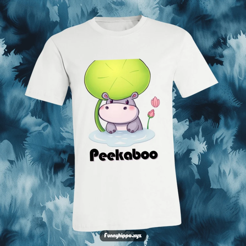 Funny T-Shirt showing a Curious Hippo Peeking Mischievously from Behind a Giant Lily Pad