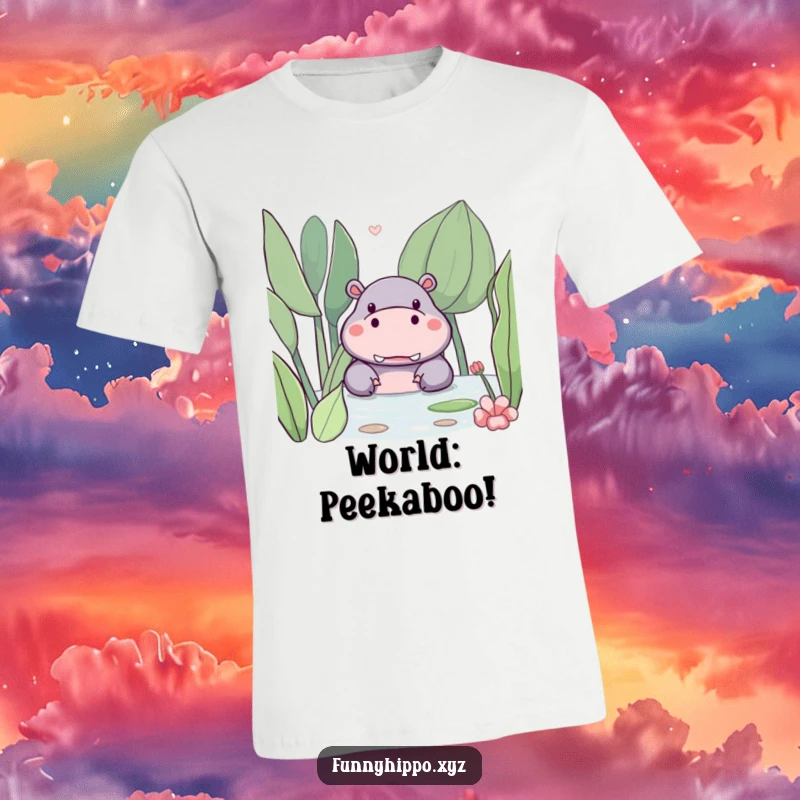 Funny kawaii hippo peeking shyly from behind a large, friendly water plant on this cute t-shirt.