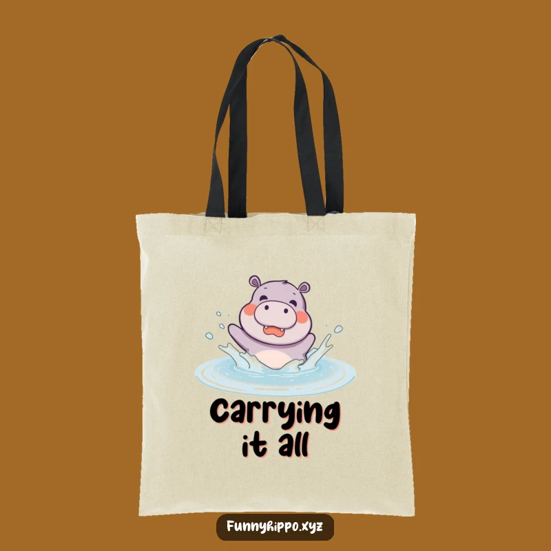 Funny Kawaii Hippo Puddle Splashing Tote Bag - Cute Hippo Carry-All