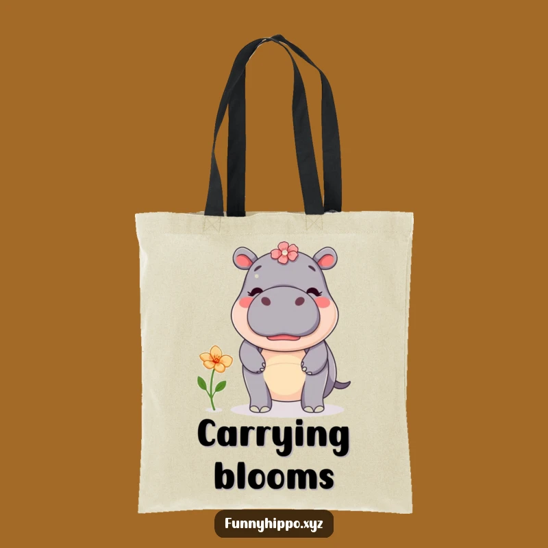 Funny Kawaii Hippo Flower Tote Bag - Cute Balancing Hippo Carry-All