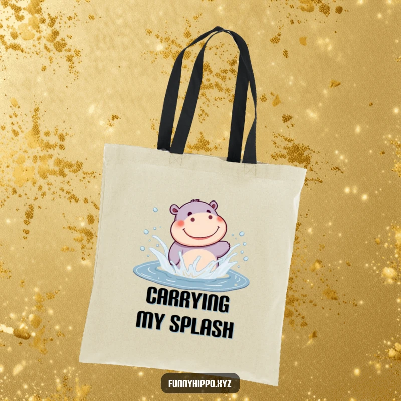 Funny Kawaii Hippo Tote Bag with a cute hippo splashing in a puddle, a practical and funny accessory for carrying anything.