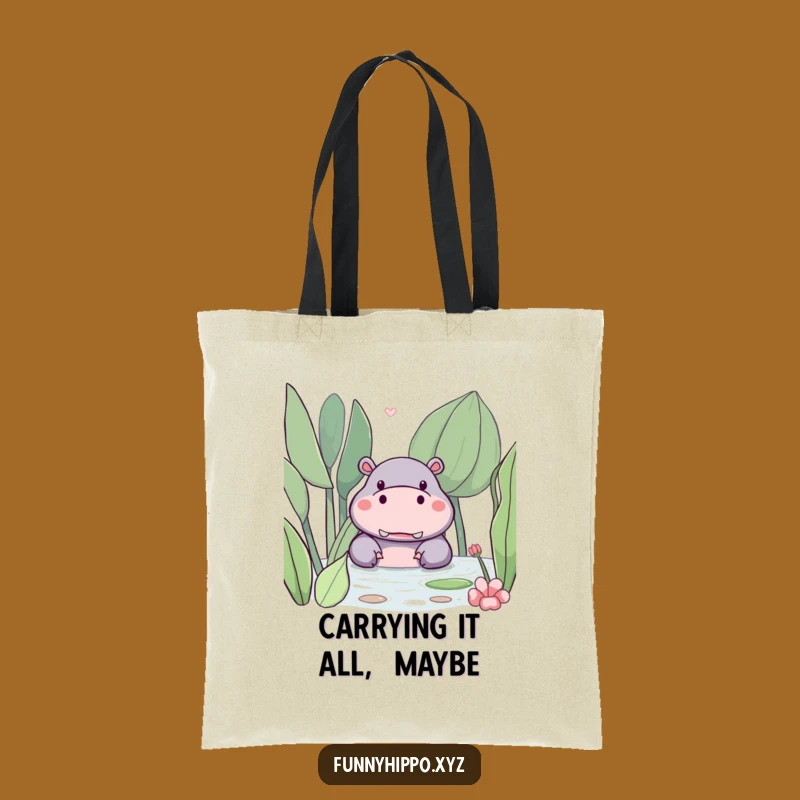 Funny Kawaii Hippo Tote Bag: Cute Hippo Peeking Behind Plant, Great Funny Shopping Gift